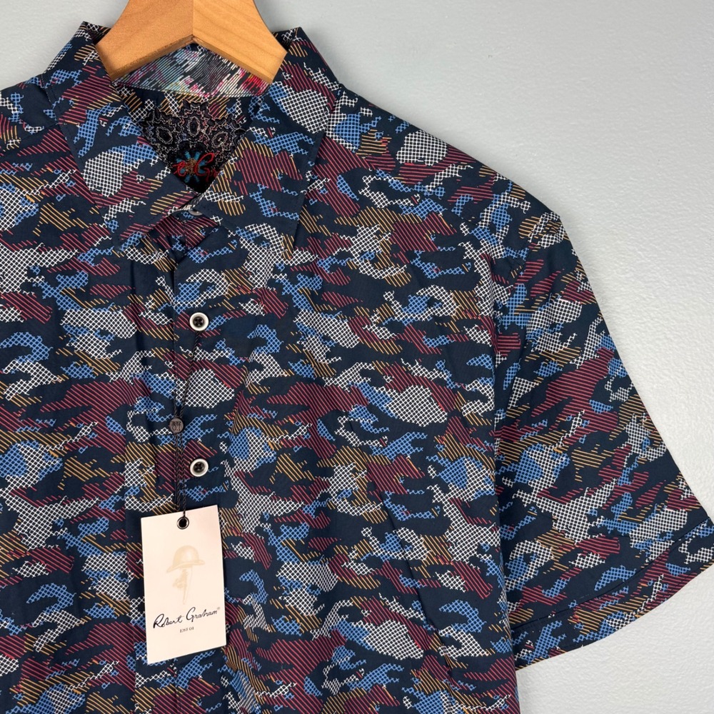 NEW Robert Graham Barberry Mens Large Abstract Camo Button Up Short Sleeve Shirt